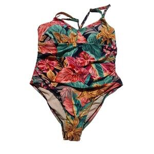 Kona Sol Multi Floral Tropical Sz 18 W One Piece Swimsuit Adjustable Straps